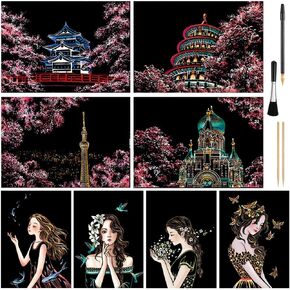 Scratch Art for Kids & Adult, Rainbow Engraving Painting Landscape Scratchboard(A4) Crafts Set: 8 Sheets 4 tools - Congress Building, Burj Al Arab, Eiffel Tower, Big Ben, Moscow(Fireworks / Building)