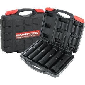 1/2 Inch Drive Extended Length Impact Socket Set, 6 Sizes Extra Deep Socket Set - Hex 3/4", 7/8", 15/16", 1-1/16", 1-1/8", 1-1/4" for High Torque Use with Case with Case