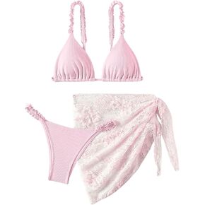 GORGLITTER Women's 3 Piece Swimsuits Thong Triangle Bikini Set with Sheer Floral Cover Ups Skirt