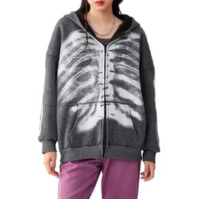 Women Vintage Oversized Long Sleeve Skeleton Printed Sweatshirt Zip Up Goth Hoodie Y2k Aesthetic Jacket Streetwear