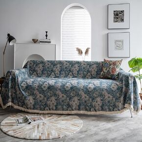 DREAMINGO Farmhouse Sofa Covers Blue Boho Couch Cover Sectional Couch Covers for 3 Cushion Couch Sofa Living Room Pet Sofa Covers for Dog Cat Washable Throw Slipcovers for Sofa Couch, 91"x150"