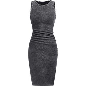 Women's Distressed Crewneck Sleeveless Dress Rivet Decor Ruched Y2k Dresses Summer Sexy Dress