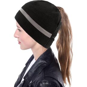 ASIJUNTYECHO Ponytail Beanie for Women,Bun Ponytail Beanie Winter Hat,Reflective Cold Weather Running Beanie Ponytail Hat Skull Cap,Winter Warm Beanie with Ponytail Hole Multicolor