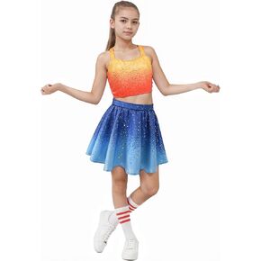 Girls Sparkly 2 Piece Outfit Kids Crop Top and Skirt Set Birthday Party Dress