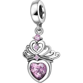 Hearts Tiara Charm 925 Sterling Silver Princess Crown Beads with Pink CZ for European Bracelet