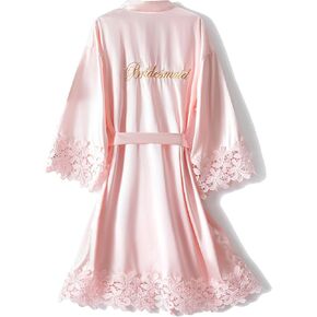 Women's Lace Trim Kimono Robe Bride Bridesmaid Satin Bridal Robes with Embroidered Getting Ready Sleepwear