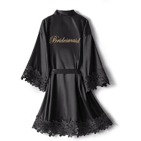 Women's Lace Trim Kimono Robe Bride Bridesmaid Satin Bridal Robes with Embroidered Getting Ready Sleepwear in Kuwait