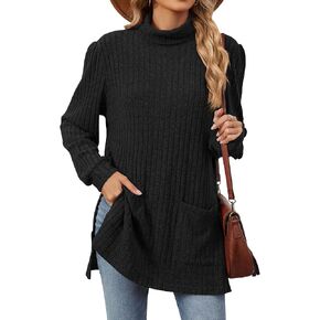 OUNAR Women Turtle Neck Tunic Tops High Low Hem Shirts Fall Sweaters Ribbed Knit Side Split Pullover Tops with Pockets