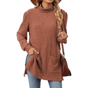 سترة نسائية من OUNAR برقبة سلحفاة قمصان بحاشية عالية ومنخفضة سترات خريفية مضلعة ومتماسكة بفتحة جانبية بلوفر علوي مع جيوب in Kuwait