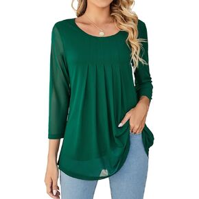 WANGZHI Womens 3/4 Sleeve Pleated Round Neck Blouses Dressy Casual Fall Mesh Tops for Women 2024