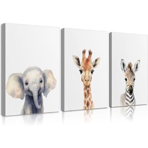 Framed Kid'S Room Animals Wall Art Pictures Set of 3 Cute Giraffe Zebra Elephant Canvas Prints Woodland Nursery Posters Watercolor Wall Decor Painting For Baby Boys And Girls Room 12x16in
