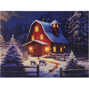 SOFFEE DESIGN 16'' x 12'' LED Christmas Canvas Prints Wall Art, Light Up Snowy Scene Picture for Holiday Decor, Battery Operated Painting Fireplace & Christmas Tree