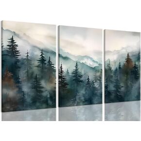 Bwodke Framed Mountain Wall Art Nature Landscape Watercolor Sun Forest Canvas Picture Prints Set of 3 Artwork Painting Home Wall Decor for Living Room Bedroom Office (Pine forest, 12"x16" Canvas)