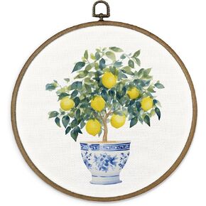 MAQIKA Lemon Framed Wall Art Decor, Lemon Wall Decor, Lemon Kitchen Decor, Blue and White Round Wall Hanging Decor, lemon Canvas Prints Wall Art for Farmhouse Kicthen Living Room, 10x10 Inch
