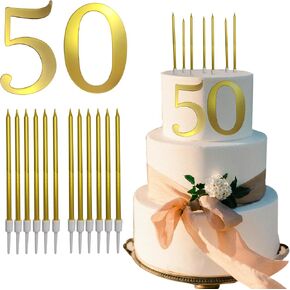 Gold 50 Birthday Cake Topper with Candles for Birthday Cakes Happy 50th Birthday Decorations Number 50 Cake Toppers for Golden 50 Years Old Birthday Party Supplies with 12 Long Thin Metallic Candles