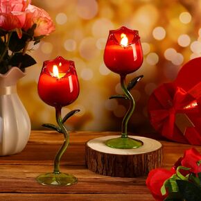 2 Pcs Valentine's Day Scented Candle Gift for Women Lavender Scented Rose Flower Wine Glasses Candle Soy Candles Gift for Valentine's Day Birthday Mother's Day(Red Rose,Green Color Leaf) in Kuwait