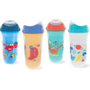 Nuby No Spill Insulated Transition Cup with Soft Rim Spout | 9 oz/ 270 ml | 2 Pack: Aqua Animals & White Shapes or Blue Dinosaurs & Yellow Monsters | 18 Months +
