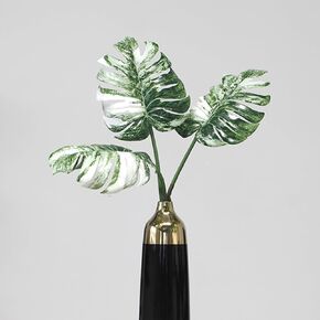 Artificial Palm Leaves, Fake Tropical Flowers Tropical Monstera Leaves 3 Kinds Large Small Green and White Palm Leaves with Stem for Home Party Wedding Centerpieces Decor, 3 Stems