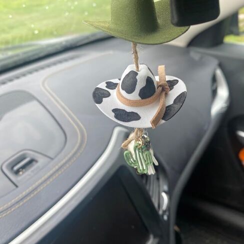 Cowboy Hat Car Charm,Country Rear View Mirror Hanging Accessories,Sunflower Cowgirl Hat Cow Print Car Decor,Cute Handmade Felt Mini Hat Ornament Pendent for Women Girls in Saudi Arabia