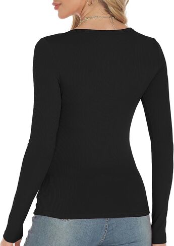 المرأة الخامس الرقبة مضلع متماسكة كم طويل سترة قميص المجهزة الأساسية لينة عادية تي شيرت سليم مثير أنيق Y2k in Kuwait