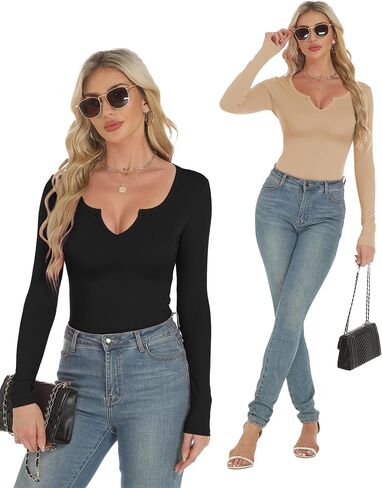 المرأة الخامس الرقبة مضلع متماسكة كم طويل سترة قميص المجهزة الأساسية لينة عادية تي شيرت سليم مثير أنيق Y2k in Kuwait