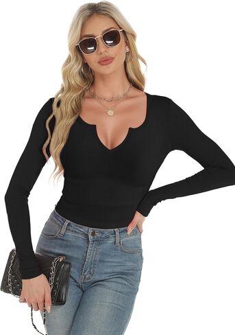 المرأة الخامس الرقبة مضلع متماسكة كم طويل سترة قميص المجهزة الأساسية لينة عادية تي شيرت سليم مثير أنيق Y2k in Kuwait