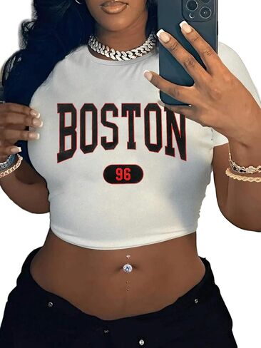 LovelyWholesale Women Graphic Crop Tops Letter Print Short Sleeve Tee Summer Sexy T Shirt in Saudi Arabia