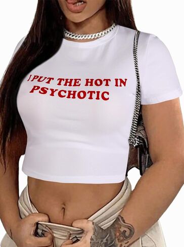LovelyWholesale Women Graphic Crop Tops Letter Print Short Sleeve Tee Summer Sexy T Shirt in Saudi Arabia