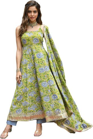 كورتا نسائية هندية من Janasya مصنوعة من القطن الخردل المطبوع بالزهور مع بنطال ووشاح in Kuwait