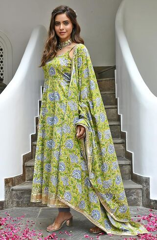 كورتا نسائية هندية من Janasya مصنوعة من القطن الخردل المطبوع بالزهور مع بنطال ووشاح in Kuwait