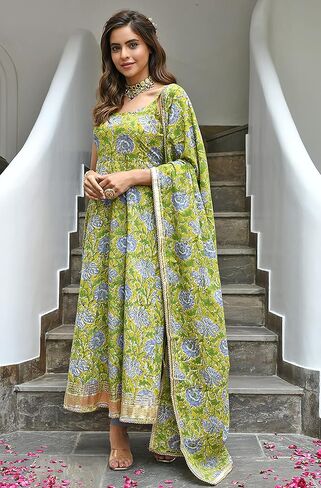 كورتا نسائية هندية من Janasya مصنوعة من القطن الخردل المطبوع بالزهور مع بنطال ووشاح in Kuwait