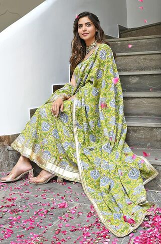 كورتا نسائية هندية من Janasya مصنوعة من القطن الخردل المطبوع بالزهور مع بنطال ووشاح in Kuwait