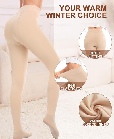 QooNoo Fleece Lined Tights Women Sheer High Waist Leggings Fake Translucent Thermal Pantyhose Opaque Warm(Stirrup Nude,Medium) in Saudi Arabia