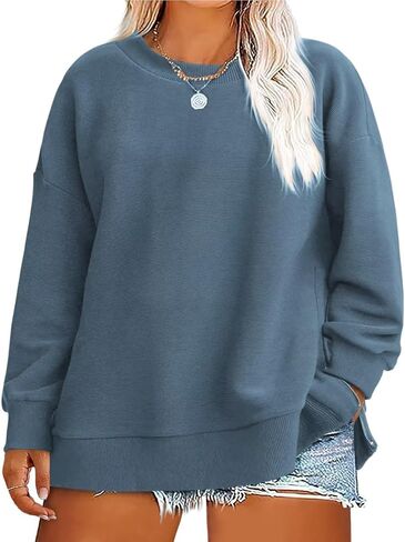 ROSRISS Plus-Size-Sweatshirts-for-Women Oversiezd Long Sleeve Shirts Dressy Crewneck Trendy Side Slit Zipper Pullover Tops in Kuwait