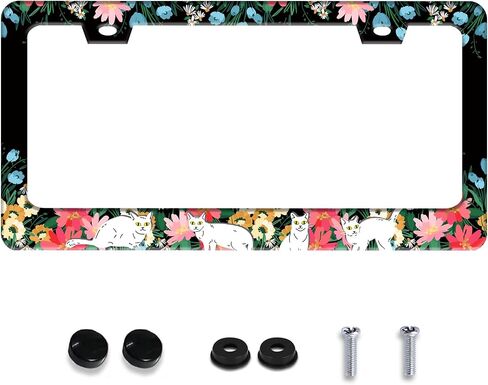 Personalized License Plate Frame Cat Flowers Stainless Steel Accessory Pet License Plate Holder Funny Car Decorative 2 Holes Screws Fits Us Standard License Plates 12.2 X 6.3 in for Men Women in Kuwait