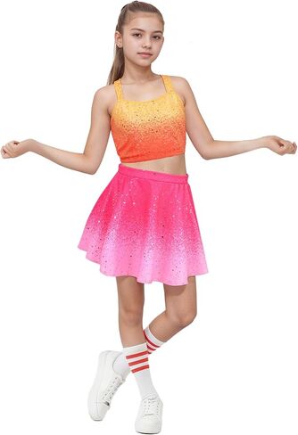 Girls Sparkly 2 Pieces Outfit Kids Crop Top and Skirt Set Music Party Costume Birthday Gift in Kuwait
