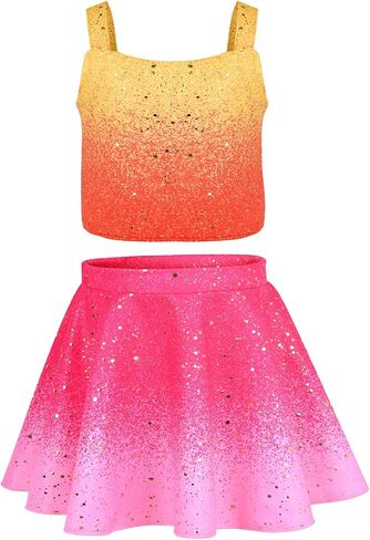 Girls Sparkly 2 Pieces Outfit Kids Crop Top and Skirt Set Music Party Costume Birthday Gift in Kuwait