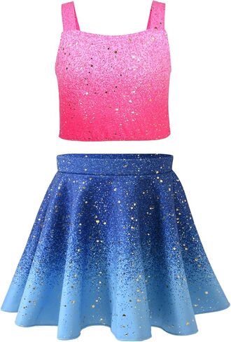 Girls Sparkly 2 Pieces Outfit Kids Crop Top and Skirt Set Music Party Costume Birthday Gift in Kuwait