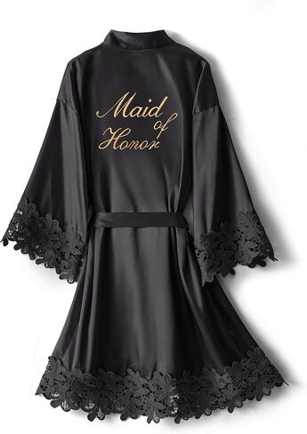 Women's Lace Trim Kimono Robe Bride Bridesmaid Satin Bridal Robes with Embroidered Getting Ready Sleepwear in Kuwait