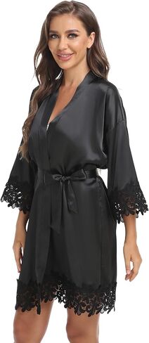 Women's Lace Trim Kimono Robe Bride Bridesmaid Satin Bridal Robes with Embroidered Getting Ready Sleepwear in Kuwait