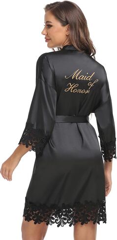 Women's Lace Trim Kimono Robe Bride Bridesmaid Satin Bridal Robes with Embroidered Getting Ready Sleepwear in Kuwait