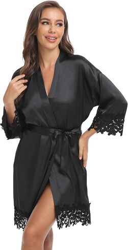 Women's Lace Trim Kimono Robe Bride Bridesmaid Satin Bridal Robes with Embroidered Getting Ready Sleepwear in Kuwait