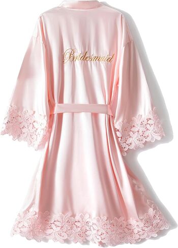 Women's Lace Trim Kimono Robe Bride Bridesmaid Satin Bridal Robes with Embroidered Getting Ready Sleepwear in Kuwait