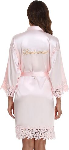 Women's Lace Trim Kimono Robe Bride Bridesmaid Satin Bridal Robes with Embroidered Getting Ready Sleepwear in Kuwait