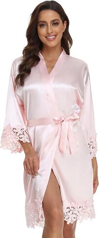 Women's Lace Trim Kimono Robe Bride Bridesmaid Satin Bridal Robes with Embroidered Getting Ready Sleepwear in Kuwait