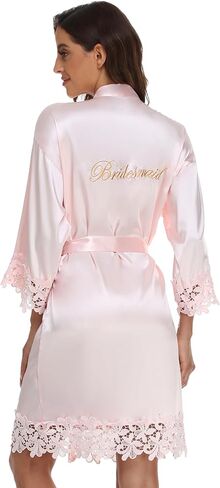 Women's Lace Trim Kimono Robe Bride Bridesmaid Satin Bridal Robes with Embroidered Getting Ready Sleepwear in Kuwait