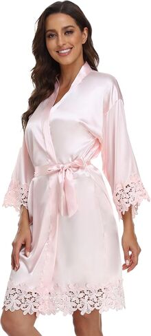 Women's Lace Trim Kimono Robe Bride Bridesmaid Satin Bridal Robes with Embroidered Getting Ready Sleepwear in Kuwait