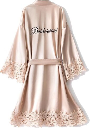 Women's Lace Trim Kimono Robe Bride Bridesmaid Satin Bridal Robes with Embroidered Getting Ready Sleepwear in Kuwait