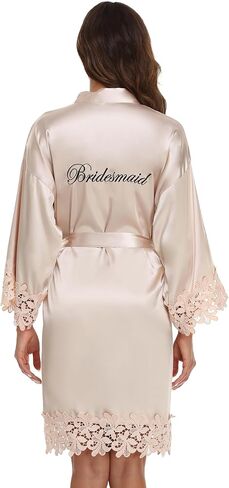 Women's Lace Trim Kimono Robe Bride Bridesmaid Satin Bridal Robes with Embroidered Getting Ready Sleepwear in Kuwait
