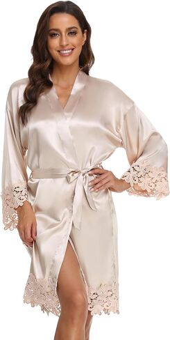 Women's Lace Trim Kimono Robe Bride Bridesmaid Satin Bridal Robes with Embroidered Getting Ready Sleepwear in Kuwait